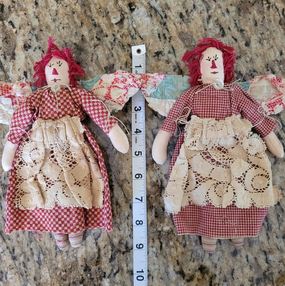 VTG 2 Angel Raggedy Ann Fabric Ornaments Gingham Embroidery Quilt Country